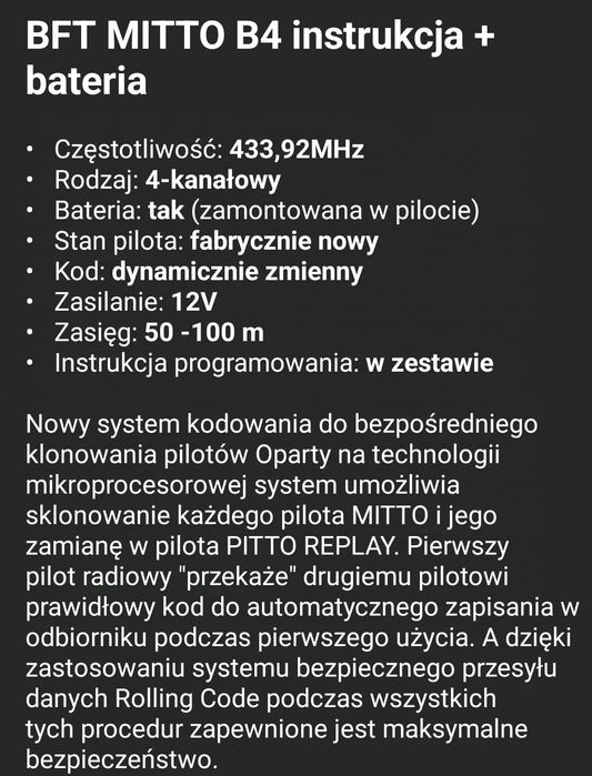 3 sztuki piloty BFT Mitto 433.92mhz