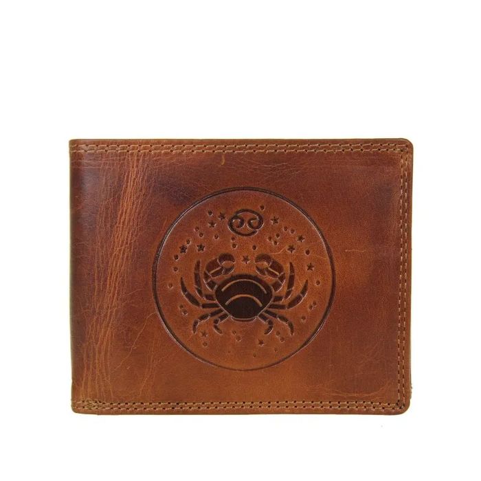 portfel męski brązowy poziomy ze znakiem zodiaku