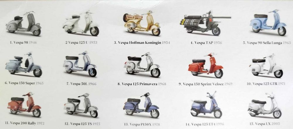 Coleção Completa 15 Miniaturas Piaggio Vespa + Fascículos/Catálogos (Excelente Estado)