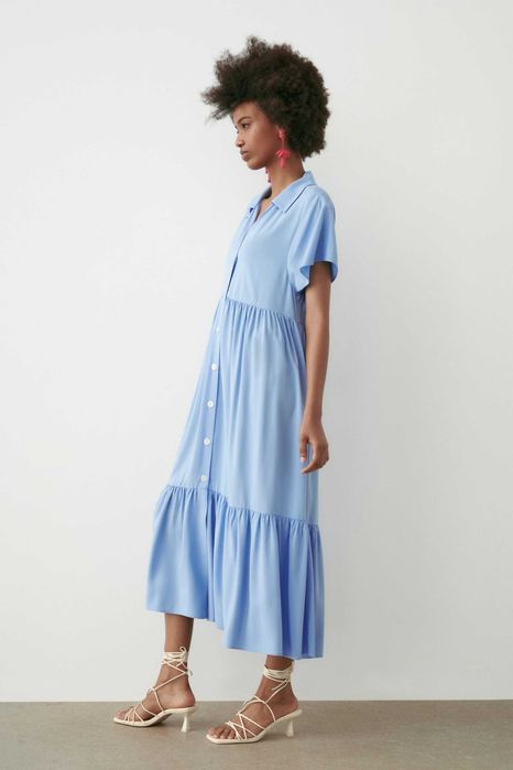 (NOVO C/ ETIQUETA, PORTES GRÁTIS) ZARA: Vestido Comprido Azul Abotoado