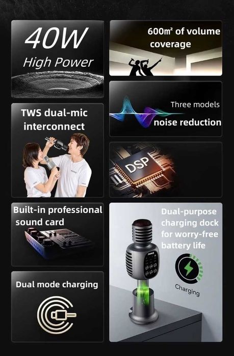 Новый! Punos KG6 pro - беспроводной караоке микрофон. 40W, 2600mAh.