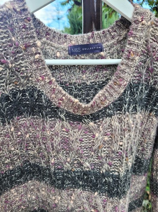 Sweter M&S z wełną 42/44/46 beżowy/brązowy efektowna dzianina