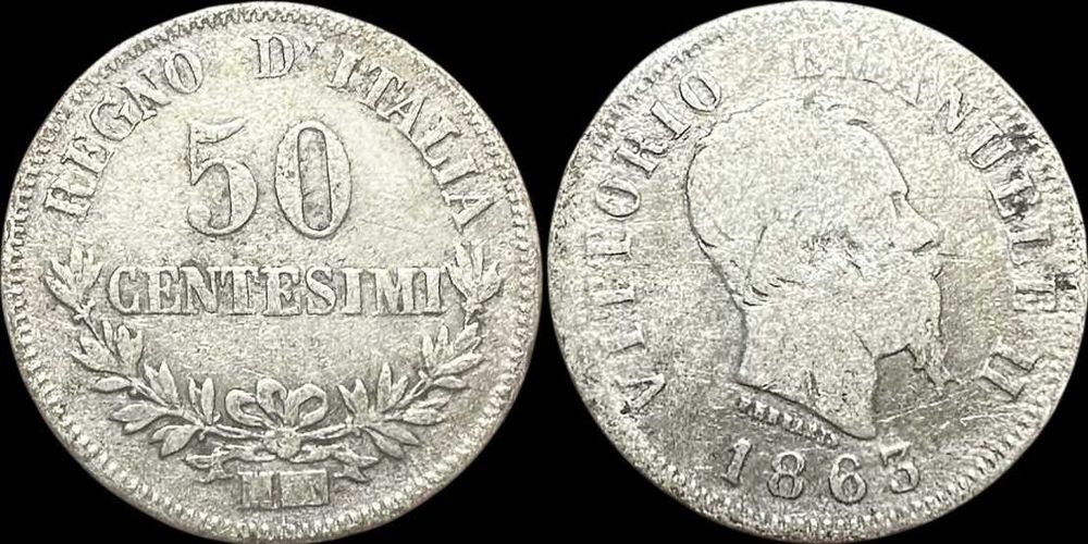 50 Centésimi - 1863 - Itália - M - Milan - Victor Emmanuel II Prata)
