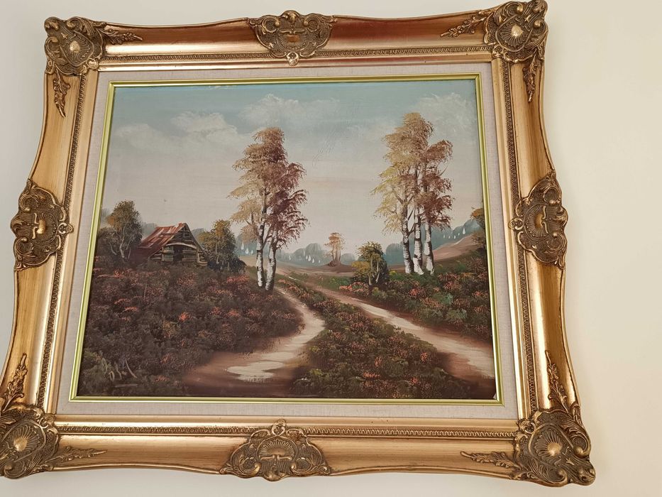 Obraz olejny na desce z pozłacana ramą.