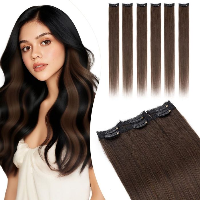 Nowe Włosy Naturalne Clip-In Remy | 6 szt. 40 cm 40g – #2 Ciemny Brąz 2.22