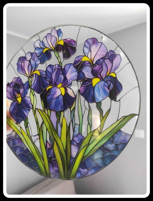 Nowy witraż witrażyk dekoracja okienna kwiaty irysy