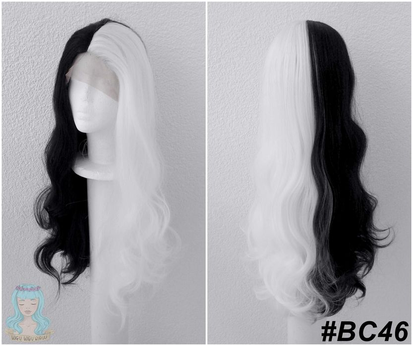 Lace Front Cruella de Vil Estella Cosplay wig czarna biała peruka