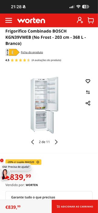 Frigorífico Combinado BOSCH KGN39VWEB (No Frost - 203 cm - 368 L