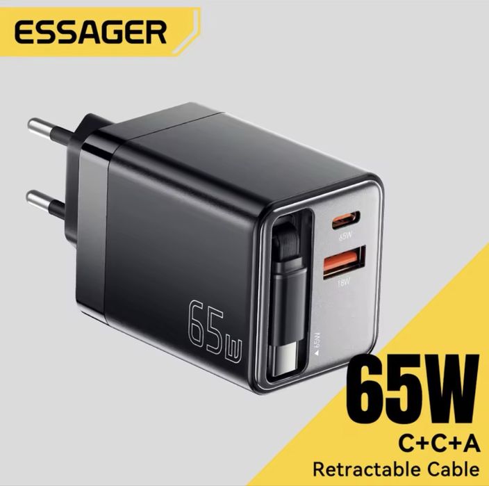 Essager GaN 65W USB-C PD зарядний пристрій з висувним кабелем для iPhone,Samsung,Xiaomi