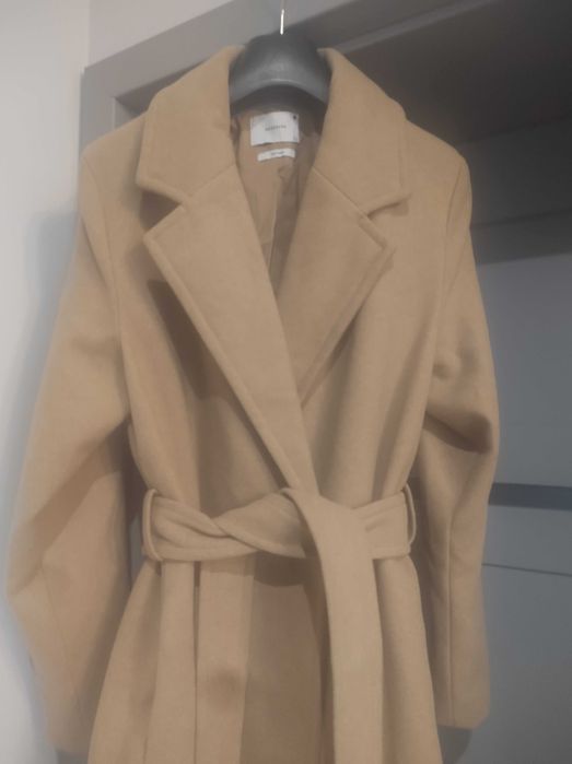 Maxi długi płaszcz damski wełna owcza oversize camel