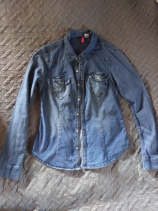 Zestaw koszula jeansowa + bluzka bawełniana w serek basic hit H&M r.S,