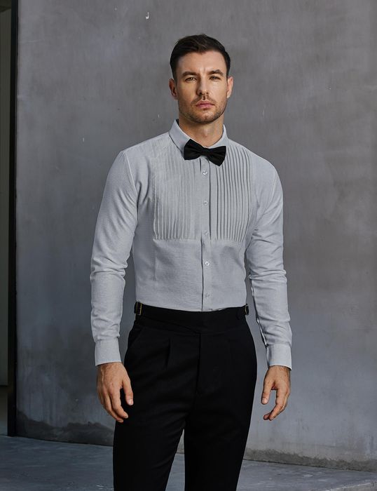JOGAL Męska Koszula Smokingowa Plisowana Szara M (Długi Rękaw)