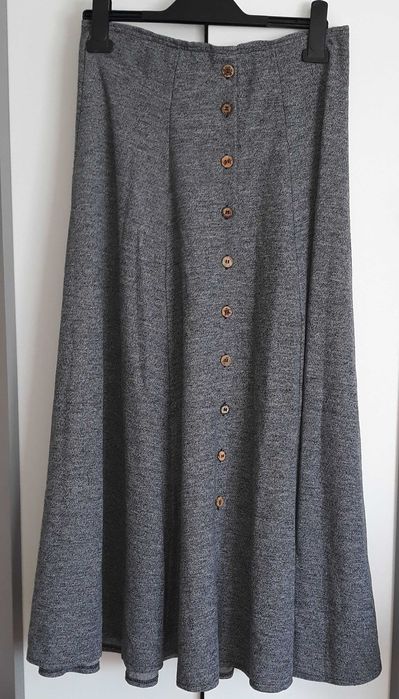 Szara spódnica za kolano 38 M z guzikami na gumce melanż