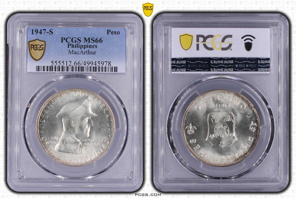 Moeda Prata 1947 Filipinas / USA Peso  PCGS MS66