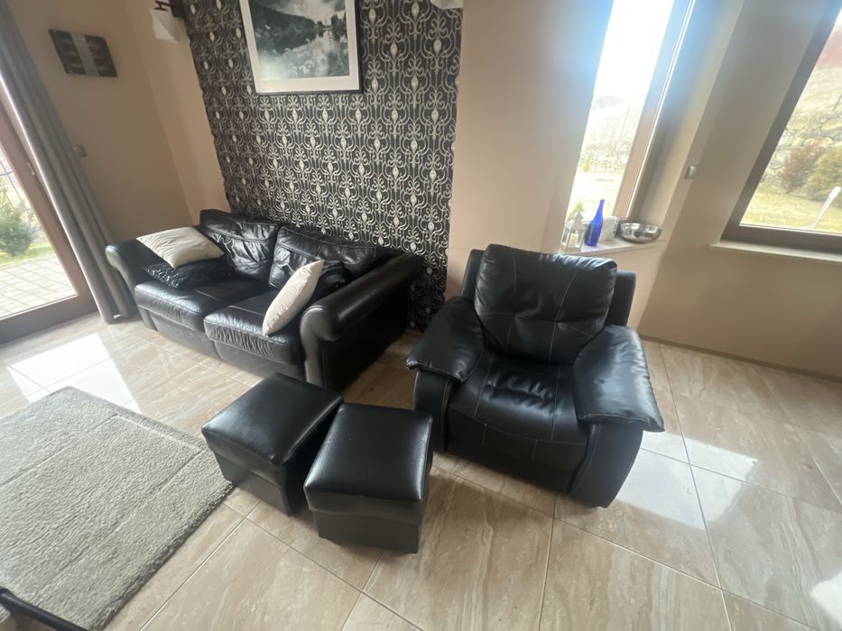 Zestaw wypoczynkowy skóra naturalna sofa+fotel+2 pufy