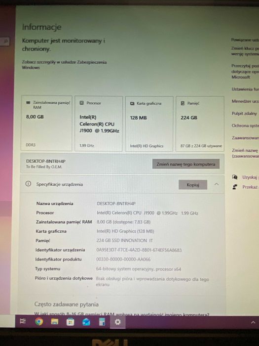 Komputer PC Intel J1900 8GB RAM SSD 240GB + Monitor Dell 17" Windows 10 Pro