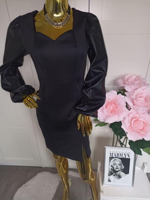 Nowa klasyczna mała czarna sukienka długie rękawy z Eco skóry R.36/38