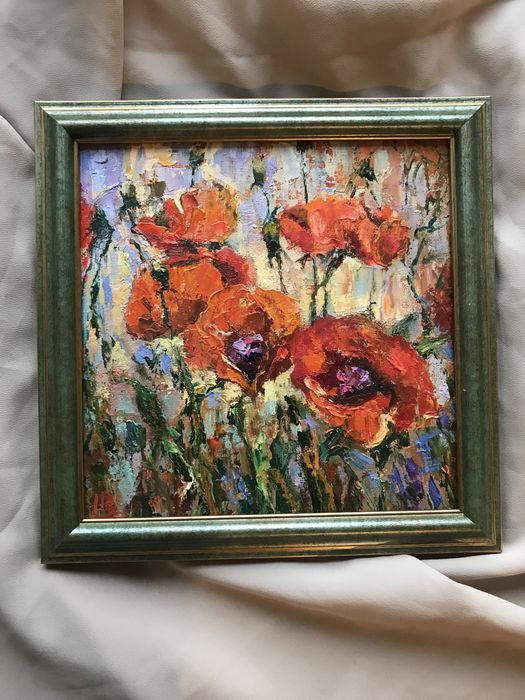 Картина маслом 20x20 см Море Лодки Маки Морской пейзаж