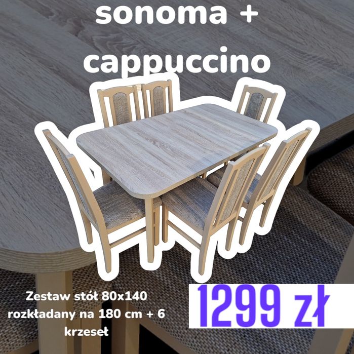 STÓŁ 80X140/180 + 6 KRZESEŁ, sonoma + cappuccino,  dostawa PL, NOWE !