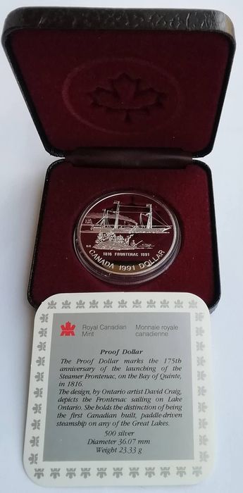 Канада 1 долар 1991р. СРІБЛО.ПРУФ. 175 років - пароплаву " Фронтенак"