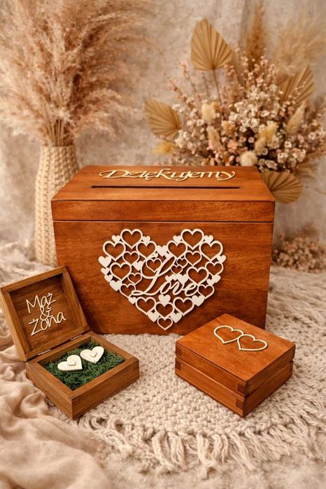 Pudełko Skrzynka na Koperty Ślubne + Szkatułka na Obrączki Mahoniowe 1