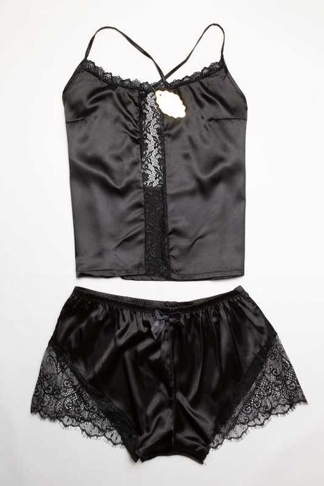 NOWA Satynowa piżamka komplet damski NA PREZENT odkryte plecy 36 38