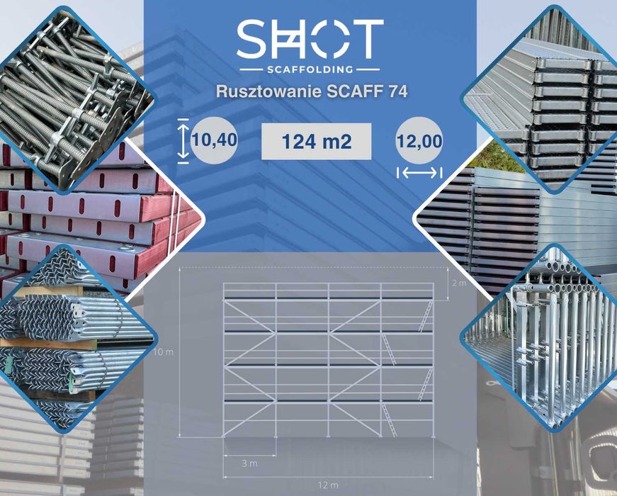Kompletny zestaw rusztowanie stalowe Plettac 10x12, nowe, na elewację