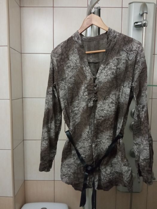 Elegancka XL bluzka koszulowa damska brązowa bawełniana