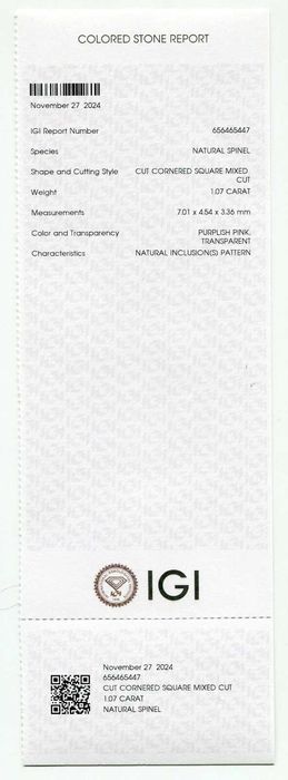 IGI Certificado – Espinela Natural Rara Roxo-Rosa Facetada, Corte Esmeralda, 1,29 Quilates
