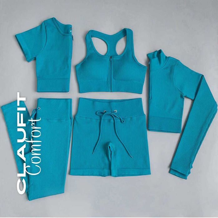 Conjunto Desportivo Azul Celeste: Casaco, Top, Sutiã, Legging e Calção