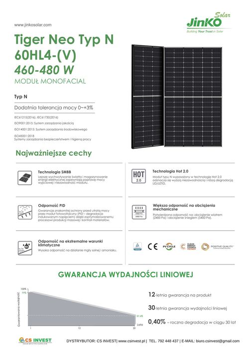 Panele fotowoltaiczne Jinko JKM475N-60HL4-V 475W 339 zł netto