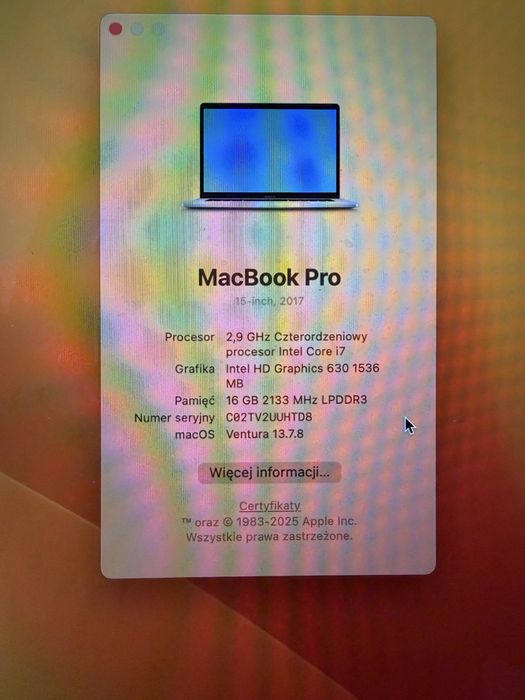 MacBook Pro 15” 2017 i7 16GB 512GB Retina + pudełko | stan bdb