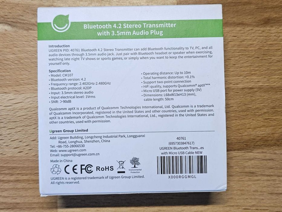 Nadajnik Bluetooth UGREEN CM107 (Transmitter) Jack 3.5mm