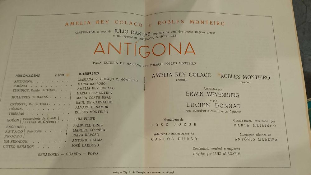 Programa "Antígona" Amelia Rey Colaço e Robles Monteiro 1946