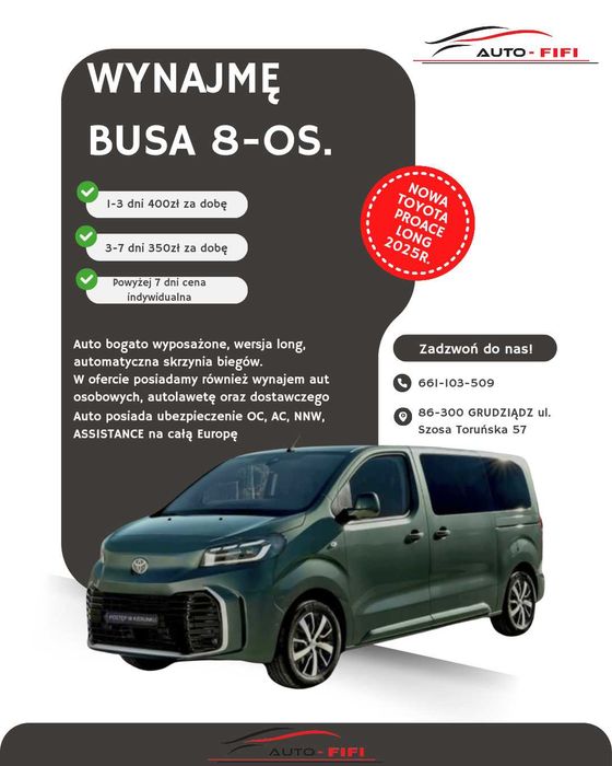 Wynajmę busa wynajem aut busa busów Toyota ProAce Long wesela ferie