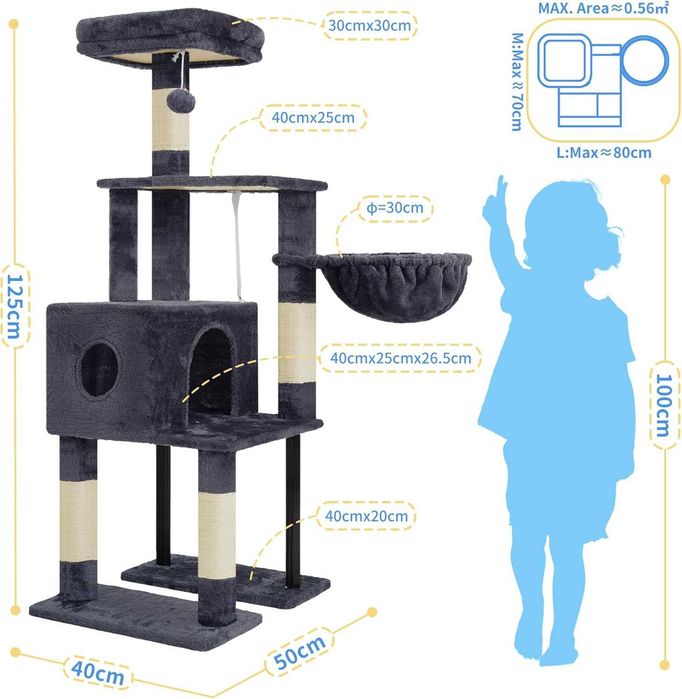 Drapak dla kota wysoki 125cm Nowy Domek Hamak Legowisko Szary