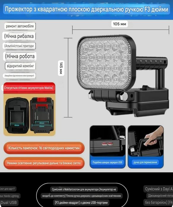 Ліхтар для акумулятора Makita, Procraft, Stromo із двома портами USB