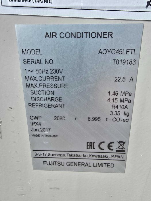 sprzedam używane klimatyzatory FUJITSU AOYG45LETL o mocy 14,0/16,2 kW