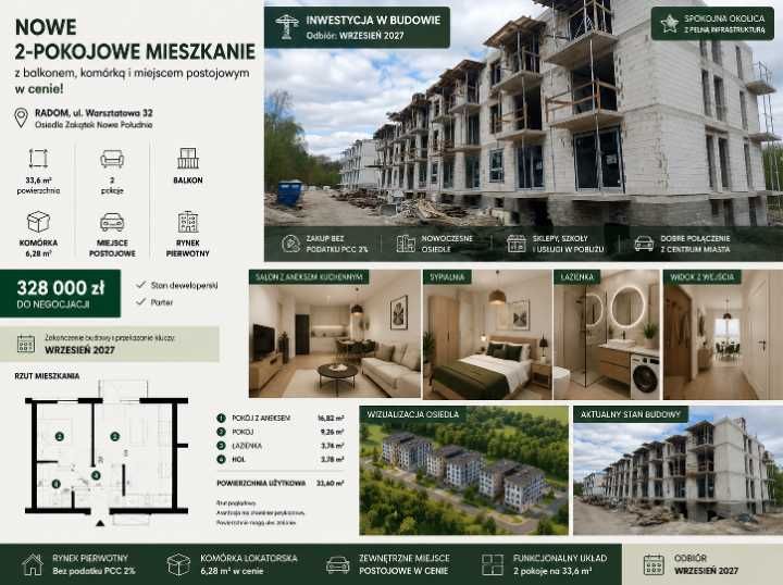 Nowe 2-pokojowe mieszkanie z balkonem. Komórka i miejsce postojowe w cenie.