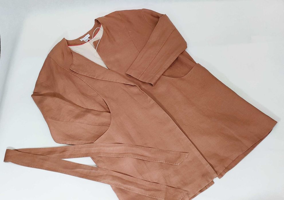 Płaszcz damski lniany z paskiem 36 S SOFT GREY prosty narzutka  PD008A