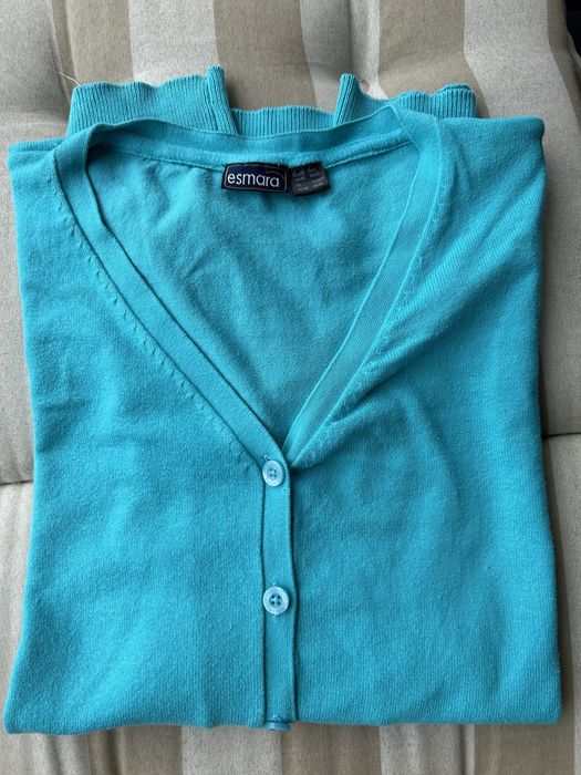 Sweter na guziki kardigan turkusowy dekolt serek