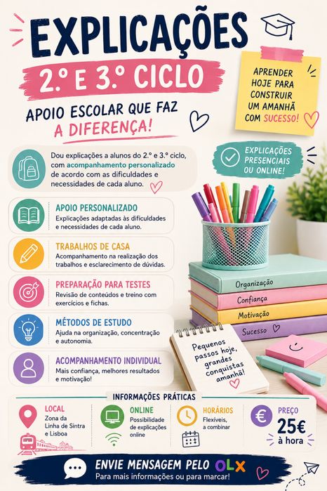 Explicações para alunos do 2.º e 3.º ciclo