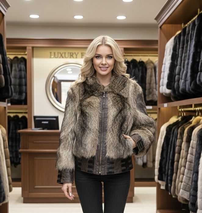 Шкіряна куртка з хутром Єнота M-L!Стильна