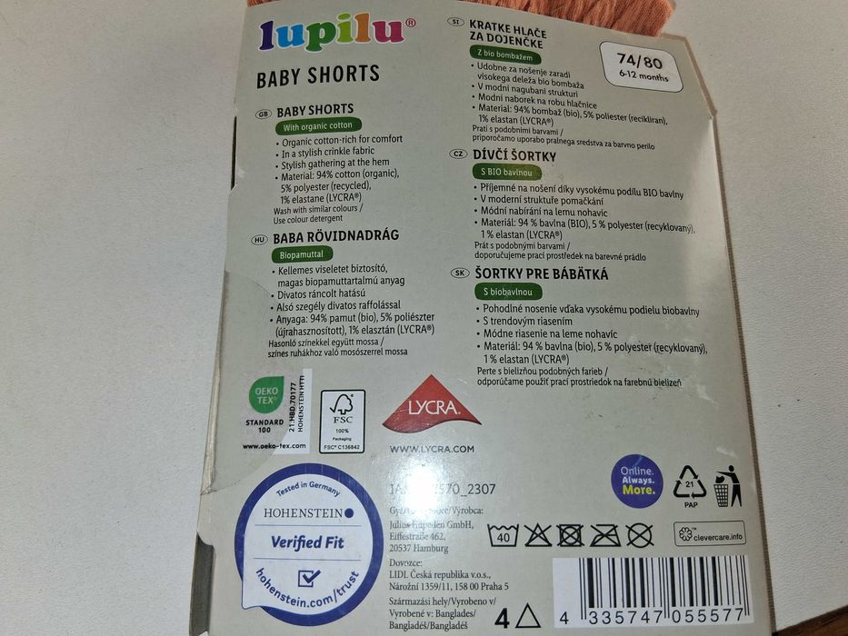 A134 Lupilu Krótkie Spodenki Dziecięce Z Organicznej Bawełny 74/80