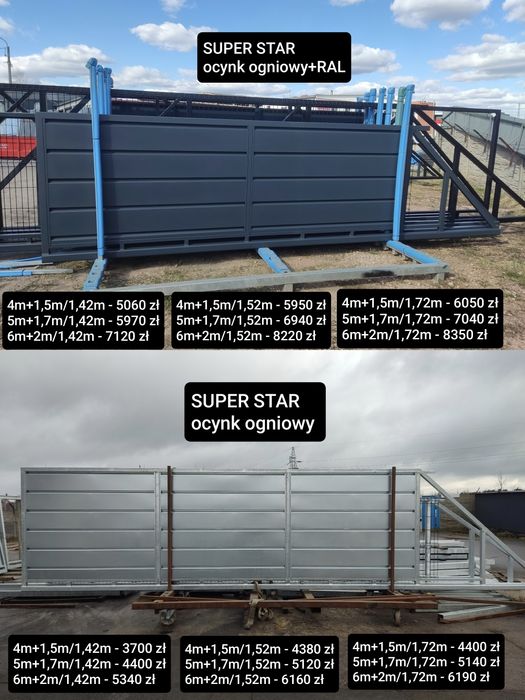 Brama przesuwna palisada pion 4mx1,42m, PREM CLASSIC,ocynk ogniowy+RAL