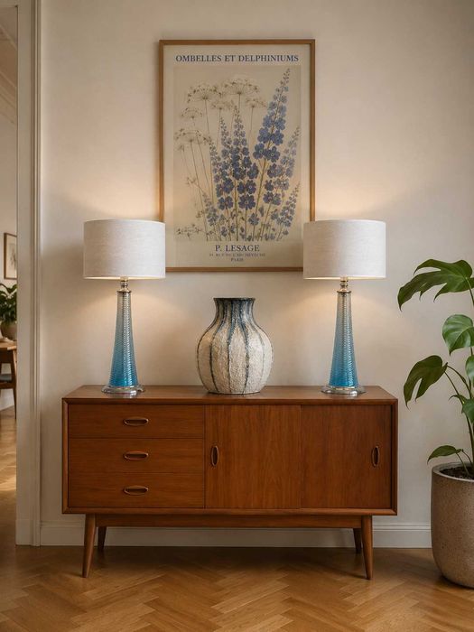 Komplet eleganckich lamp stołowych vintage | Turkusowe szkło swirl | Srebrzone abażury