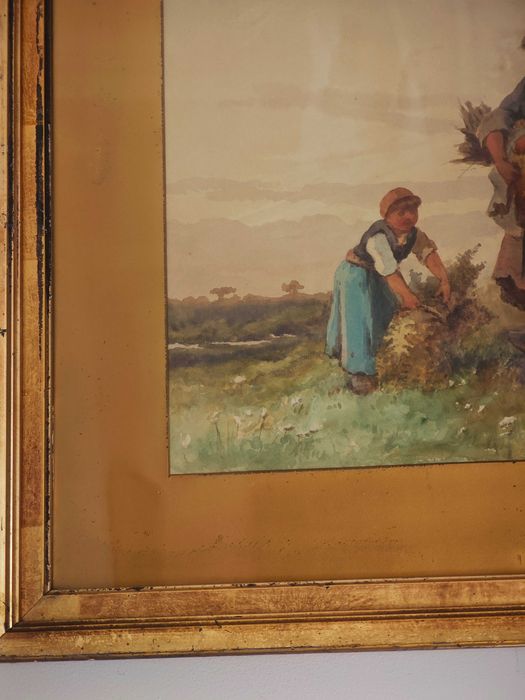 akwarala orginal sygn. XIX w A. Poisson  Zniwiarka - Matka z dzieckiem zbierajaca siano , na tle zabudowan wiejskich   1891