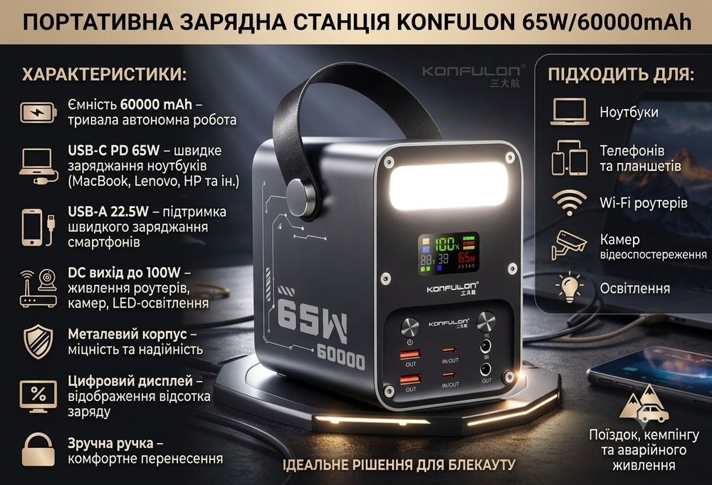 Потужний Повербанк 60000 mAh 65W для Ноутбука, Роутера + Ліхтар
