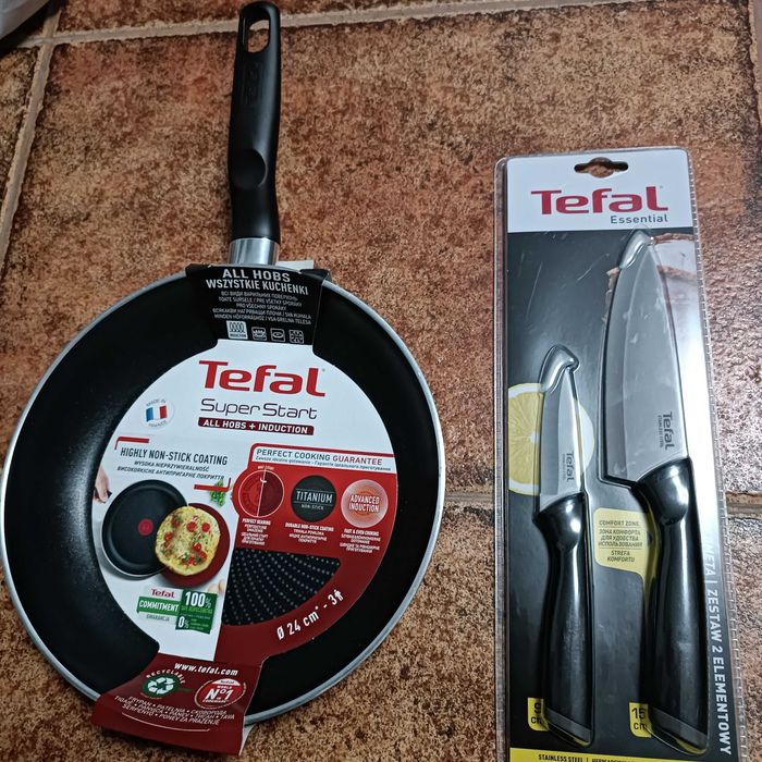 NOWY Markowy Kom TEFAL Patelnia 24 Cm INDUKCJA + Kom Noży OKAZJA