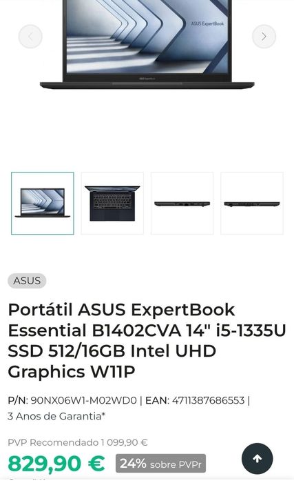 Asus ExpertBook 15.6" 13th Gen 16GB 512GB SELADO. Troca/retoma